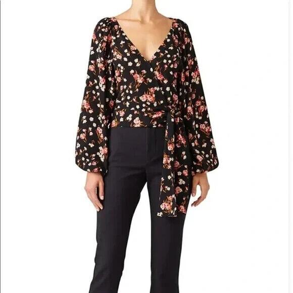 A.L.C. Carla Floral Print Wrap Top Size 2 Black Pink 100% Silk Crepe Blouse - Picture 6 of 15